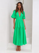 Vestido largo de mujer con escote en V profundo y manga abullonada