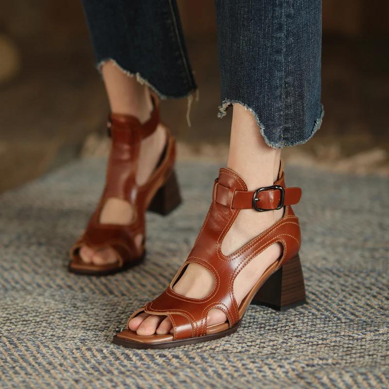 High Heel Gladiator Sandals - Genuine Leather Open Toe Buckle Shoes for Women