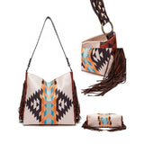 Bolso de hombro grande de lona bohemio chic con detalles de punto y borlas de colores