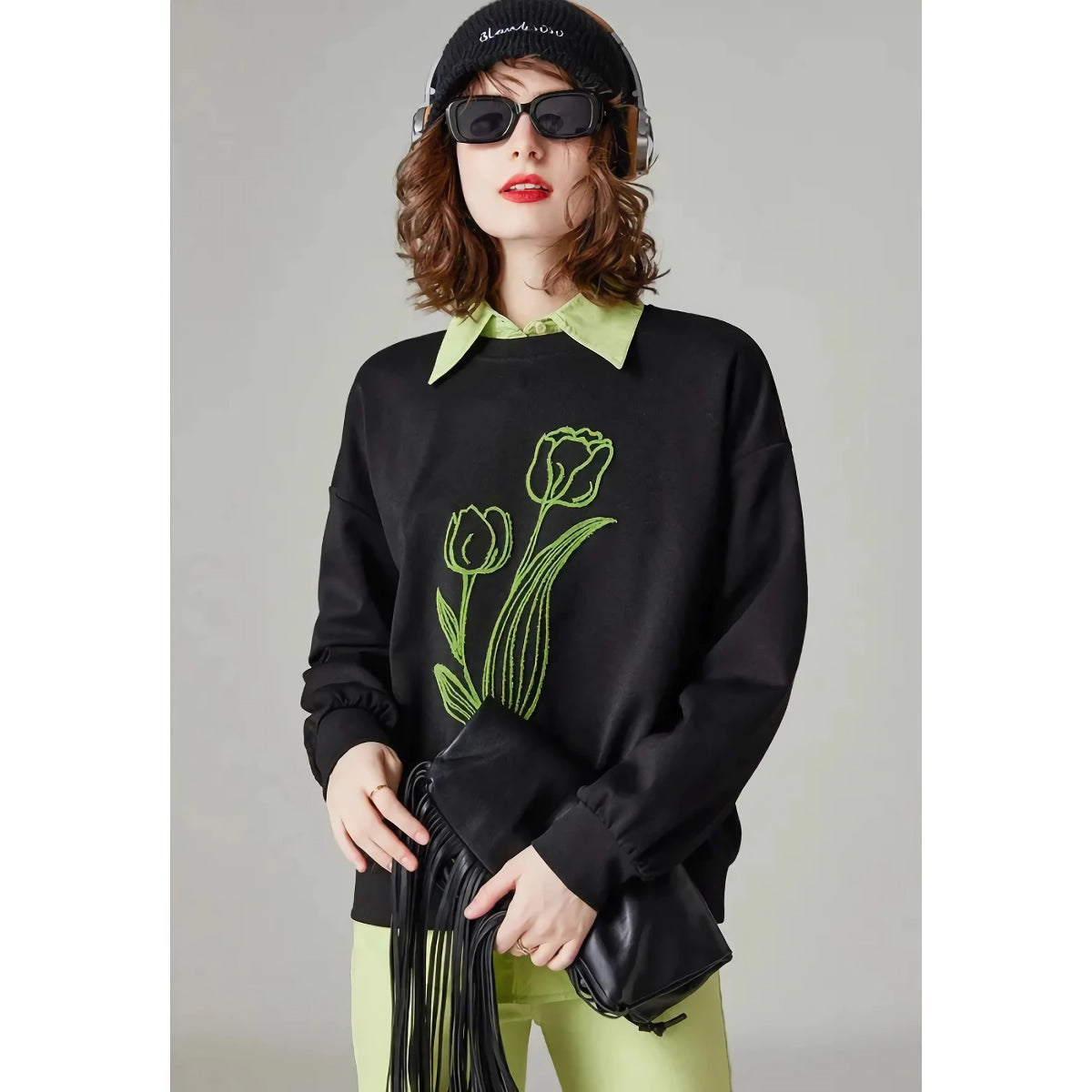 Sudadera con capucha holgada y bordada con flores de moda para mujer