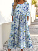 Vestido largo estampado de manga corta para mujer con bolsillos