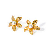 Pendientes de acero inoxidable con forma de flor en oro de 18 quilates con incrustaciones de perlas