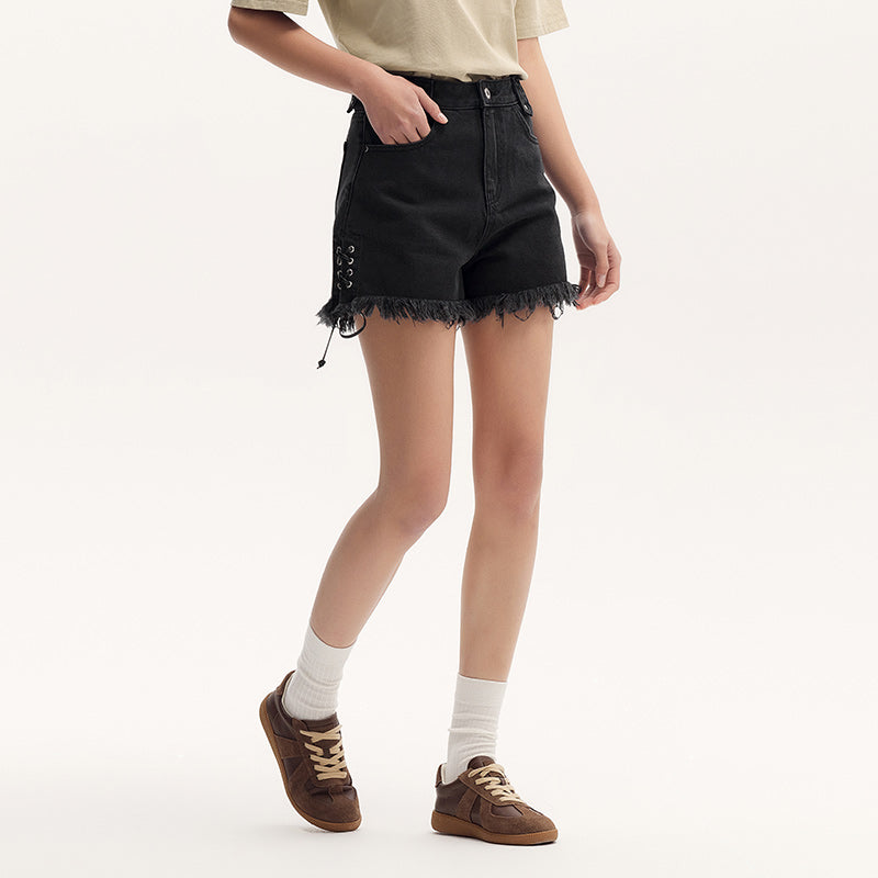 Schwarze High-Street Cool-Shorts mit gerolltem Rand und Bindeband für Damen