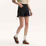 Women's Black Rolled Edge Tie High-Street Cool Shorts