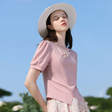 Elegant Chinese Style V-Neck Puff Sleeve T-Shirt