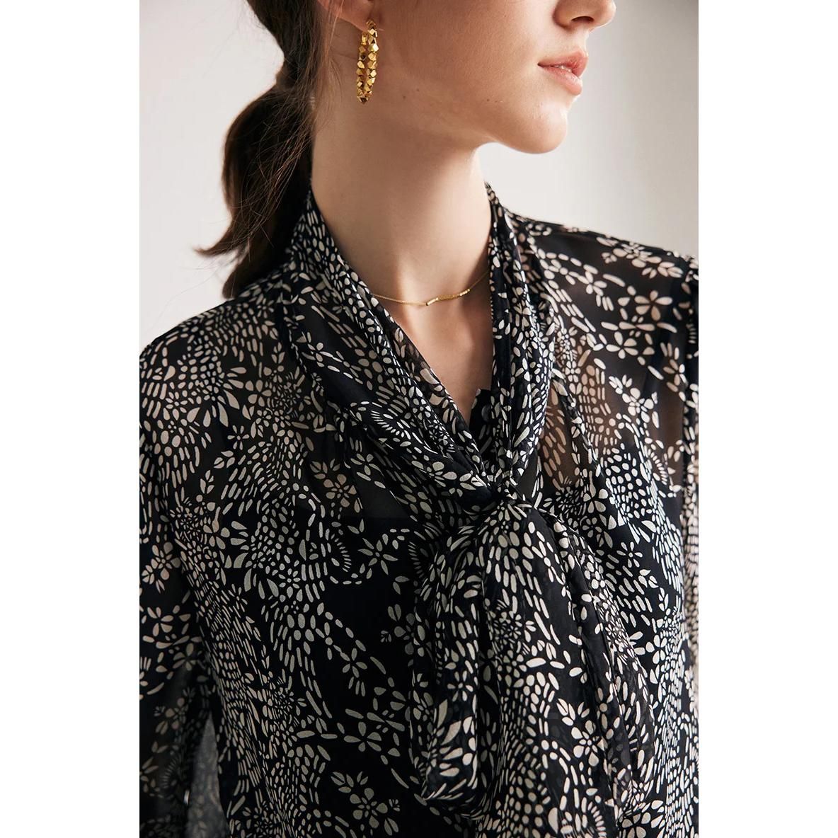 Elegant Black Printed Silk Blouse with Bow Collar