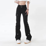 Slim Black Flare Pants: American Style Solid Color Chic Buttons Women's Jeans