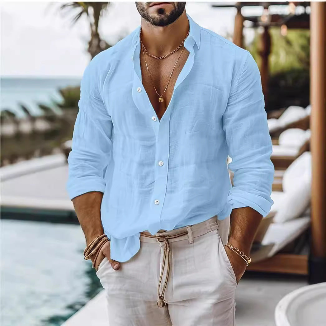 Camisa de lino y algodón de color liso para hombre, estilo informal, manga larga