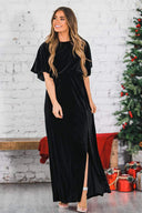 Women's Velvet-Texture Petal-Sleeve Slit Dress