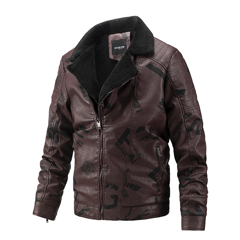 Fall Winter Lapel Men's Plus Velvet Motorcycle Leather Jacket