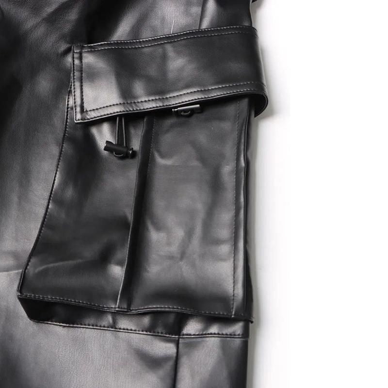 High Waist Solid Patchwork Leather Cargo Pants