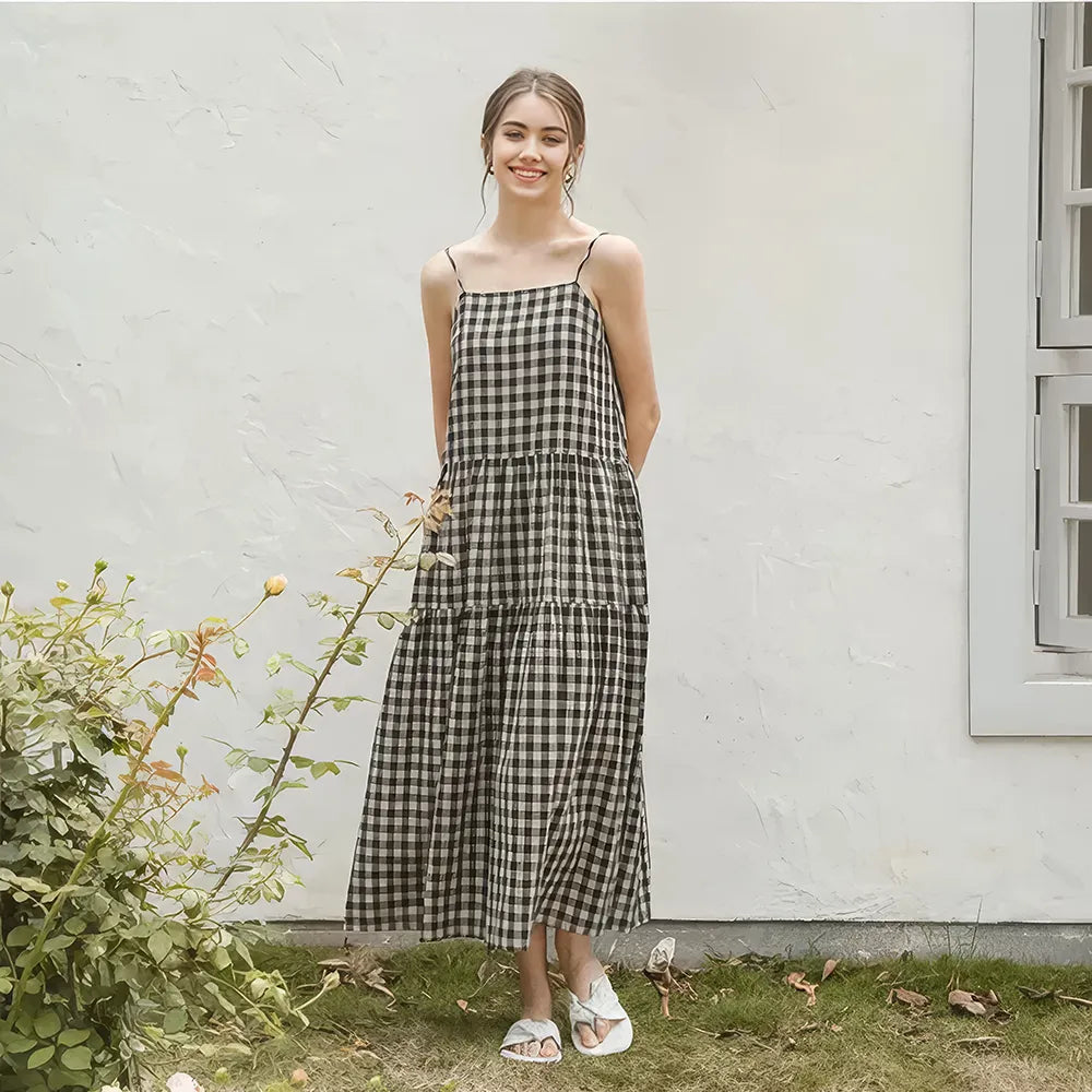 Vestido de verano de lino y algodón a cuadros vintage