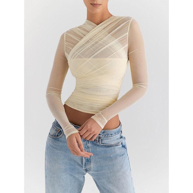 Sheer Mesh V-Neck Long Sleeve Sexy T-Shirt