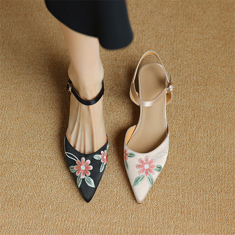 Embroidered Fashion Sandals with Pointed Toe and Spike Heels