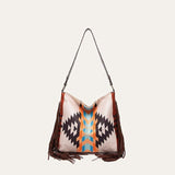 Bolso de hombro grande de lona bohemio chic con detalles de punto y borlas de colores