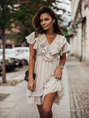 V-Neck Pleated Chiffon Ruffle-Sleeve Midi Dress