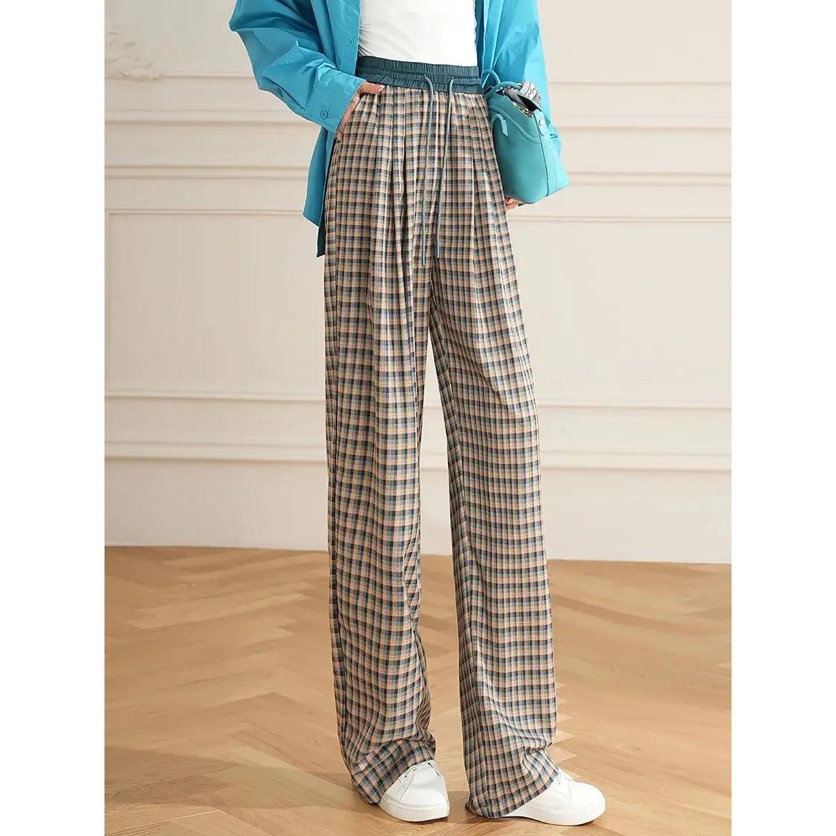 Women's High Waist Checked Wide Leg Pants