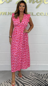 Women's Temperament Printed Waist-tight Pink Leopard Print Dress