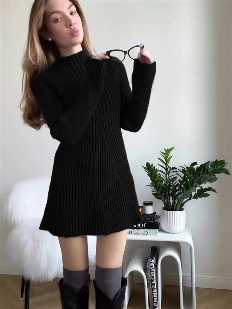 Long Sleeve Skinny Knit Dress Women Solid Color Short Temperamental