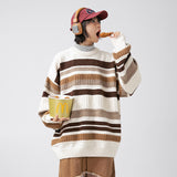 Japanese Round Neck Sweater Men's Striped Color Contrast Patchwork