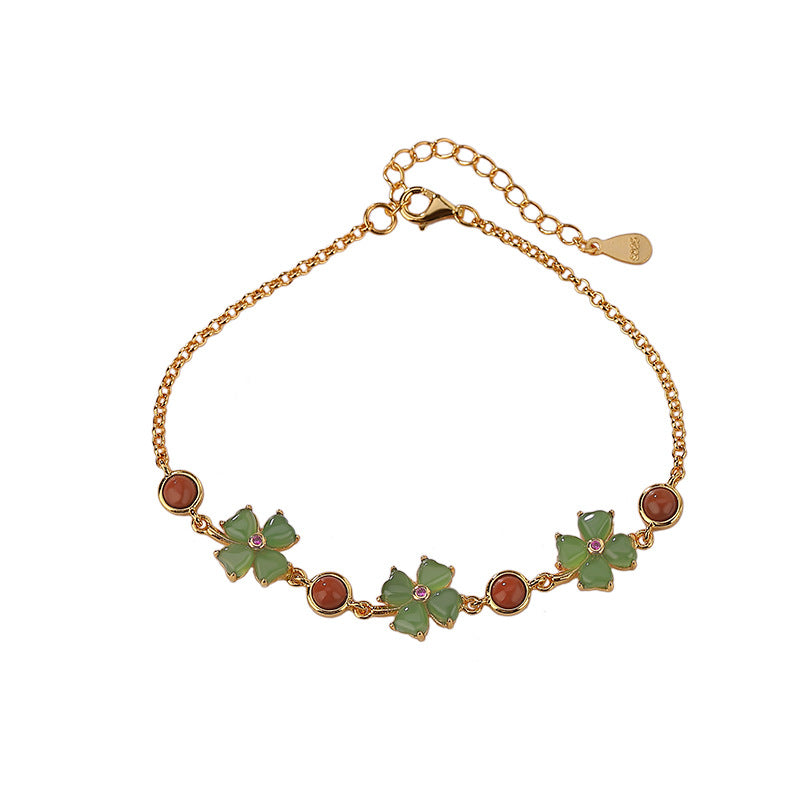 S925 Sterling Silver Gold Plated South Red Hetian Jasper Personalized Fashion Four Leaf Clover Bracelet - Dazpy