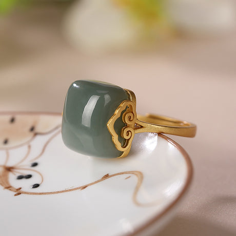 Women's Fashion Sterling Silver Gold Plated Hetian Jade Ring - Dazpy