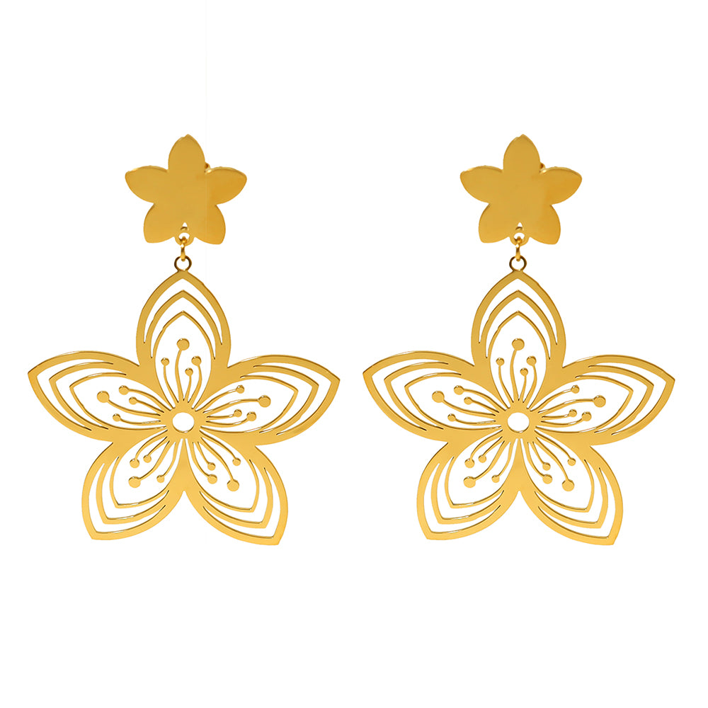 Gold Plated Stainless Steel Flower Drop Earrings