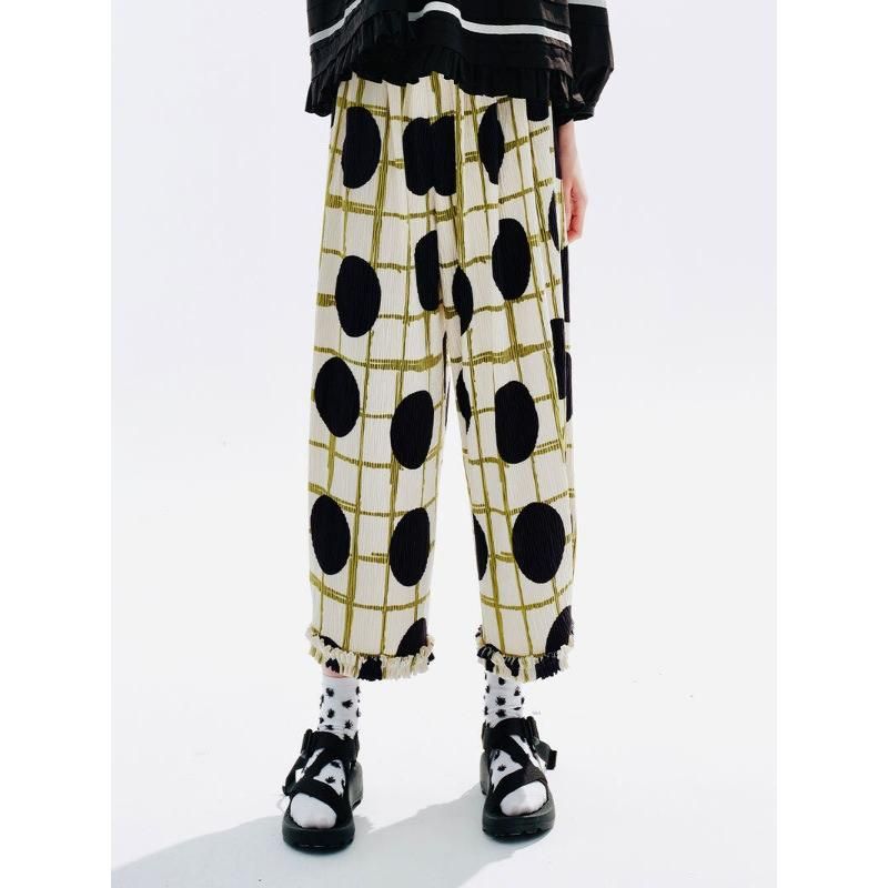 Green Plaid & Black Wave Dot Elastic Waist Wide Leg Pants for Women