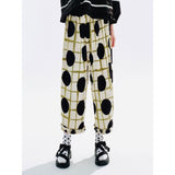 Green Plaid & Black Wave Dot Elastic Waist Wide Leg Pants for Women