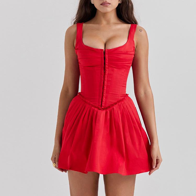 Rotes ärmelloses Minikleid mit quadratischem Kragen und rückenfreiem Design