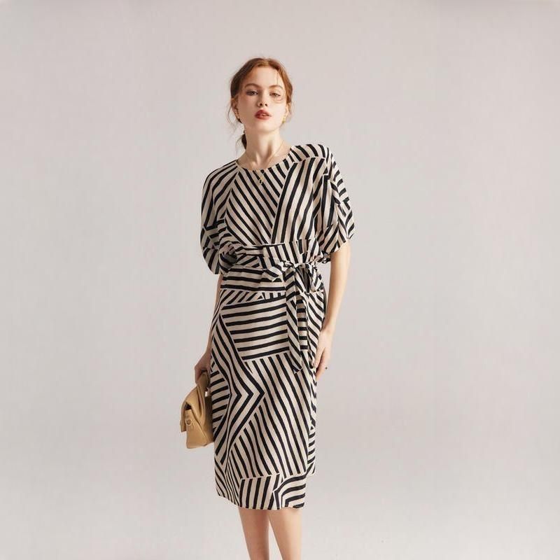 Elegant Striped Silk Mid-Calf Dress with Batwing Sleeves