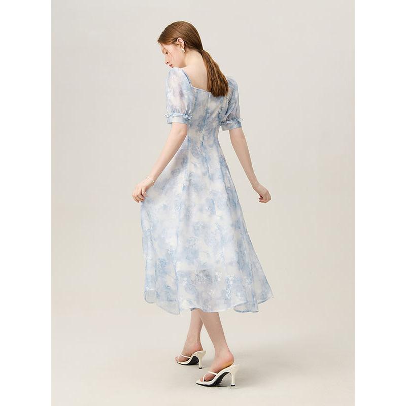 Summer Elegance: Blue Floral Mid-Calf Dress for Women