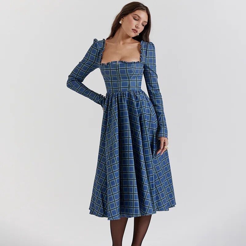 Elegant Plaid A-line Midi Dress