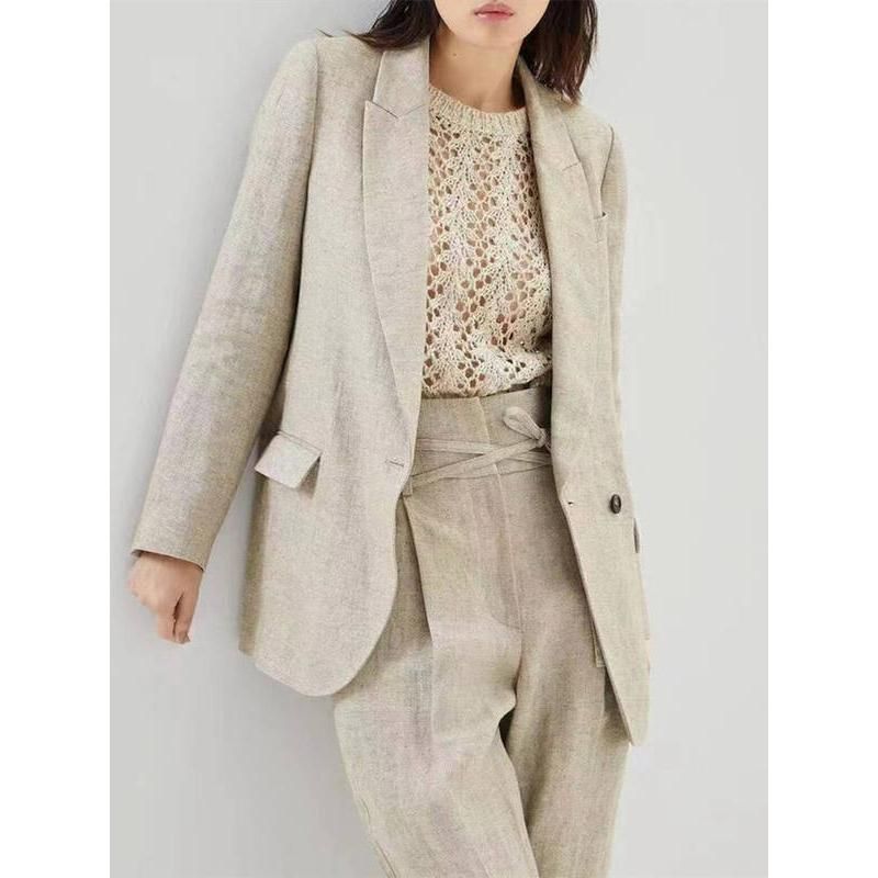 Conjunto elegante de chaqueta y pantalón de mujer de lino y algodón