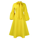 Puff-Sleeve Bow-Tie High-Waist Swing Midi Dress