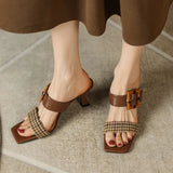 Square Toe High Heel Leather Slippers