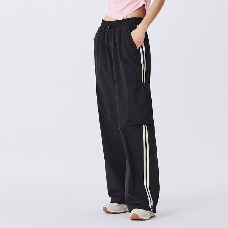 Pantalones casuales de pierna ancha con cordón y cintura elástica para mujer