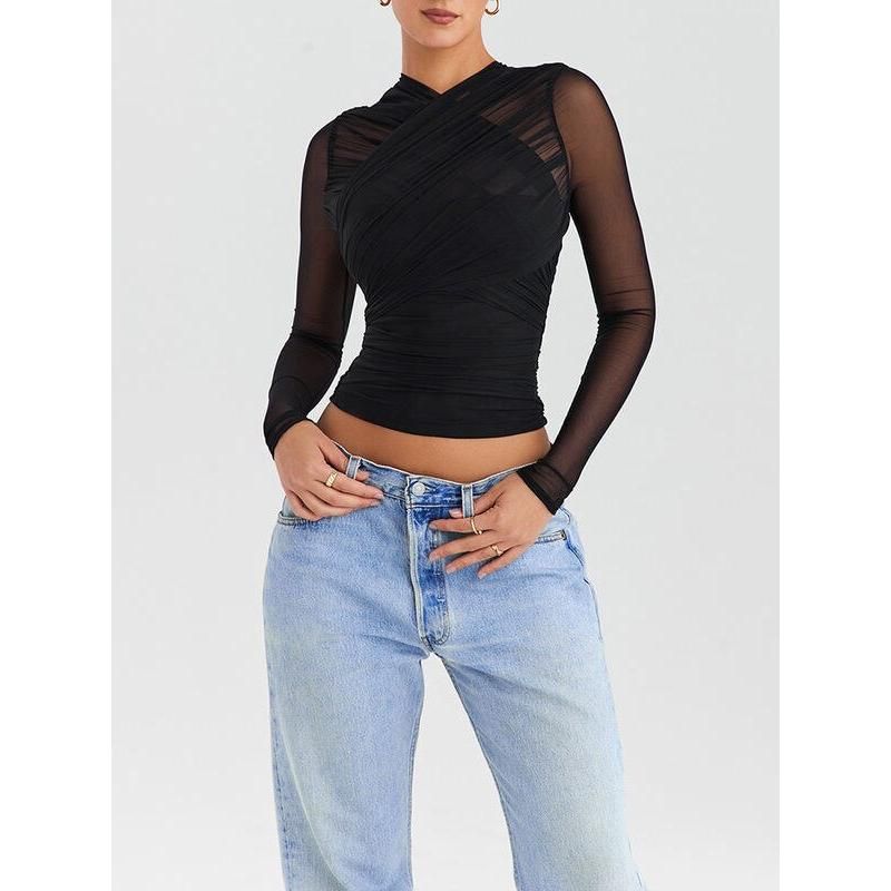 Sheer Mesh V-Neck Long Sleeve Sexy T-Shirt