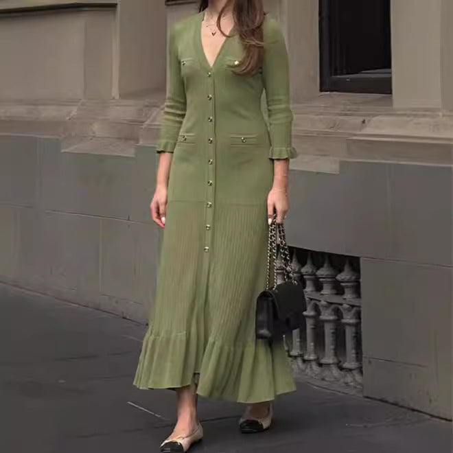 Vestido de punto de largo medio con mangas con volantes y escote en V elegante estilo francés para mujer