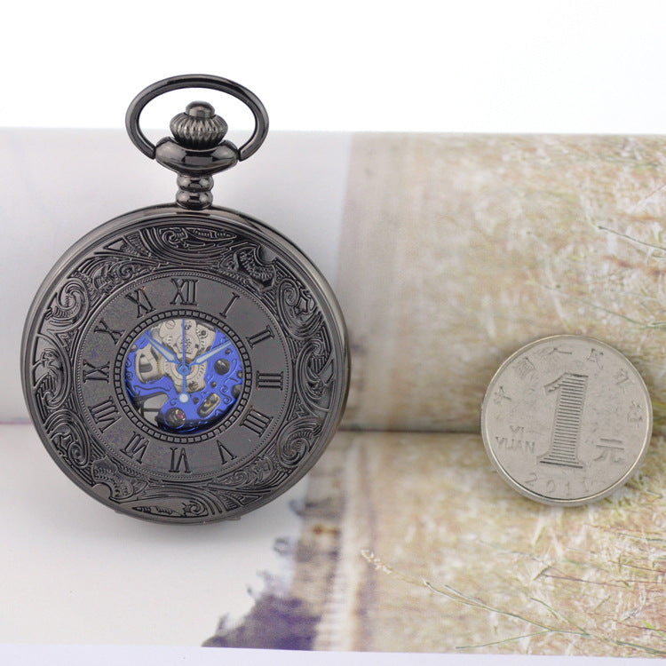 Retro Flip New Roman Blue Surface Mechanical Pocket Watch - Dazpy