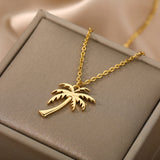 Gold Stainless Steel Palm Tree Pendant Necklace - Bohemian Summer Ocean Beach Jewelry