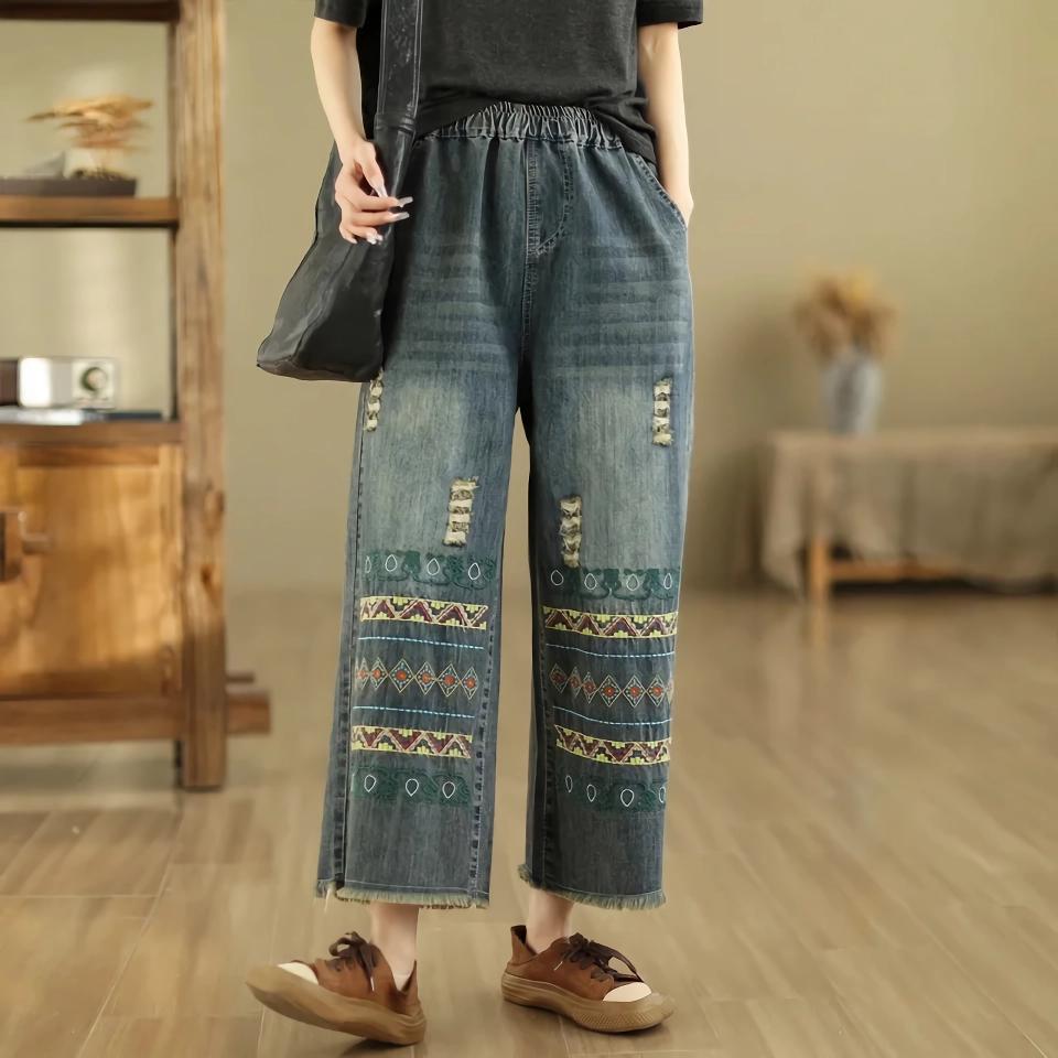 Boho Chic Vintage Jeans mit weitem Bein und Stickereien