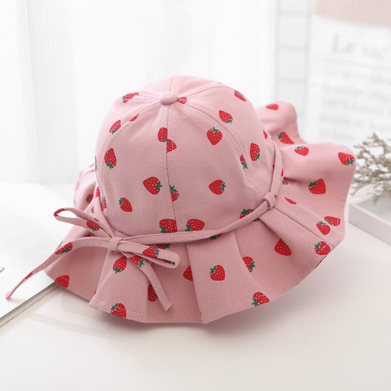 Adorable gorro de pescador de algodón con estampado de frutas para niñas pequeñas con lazo