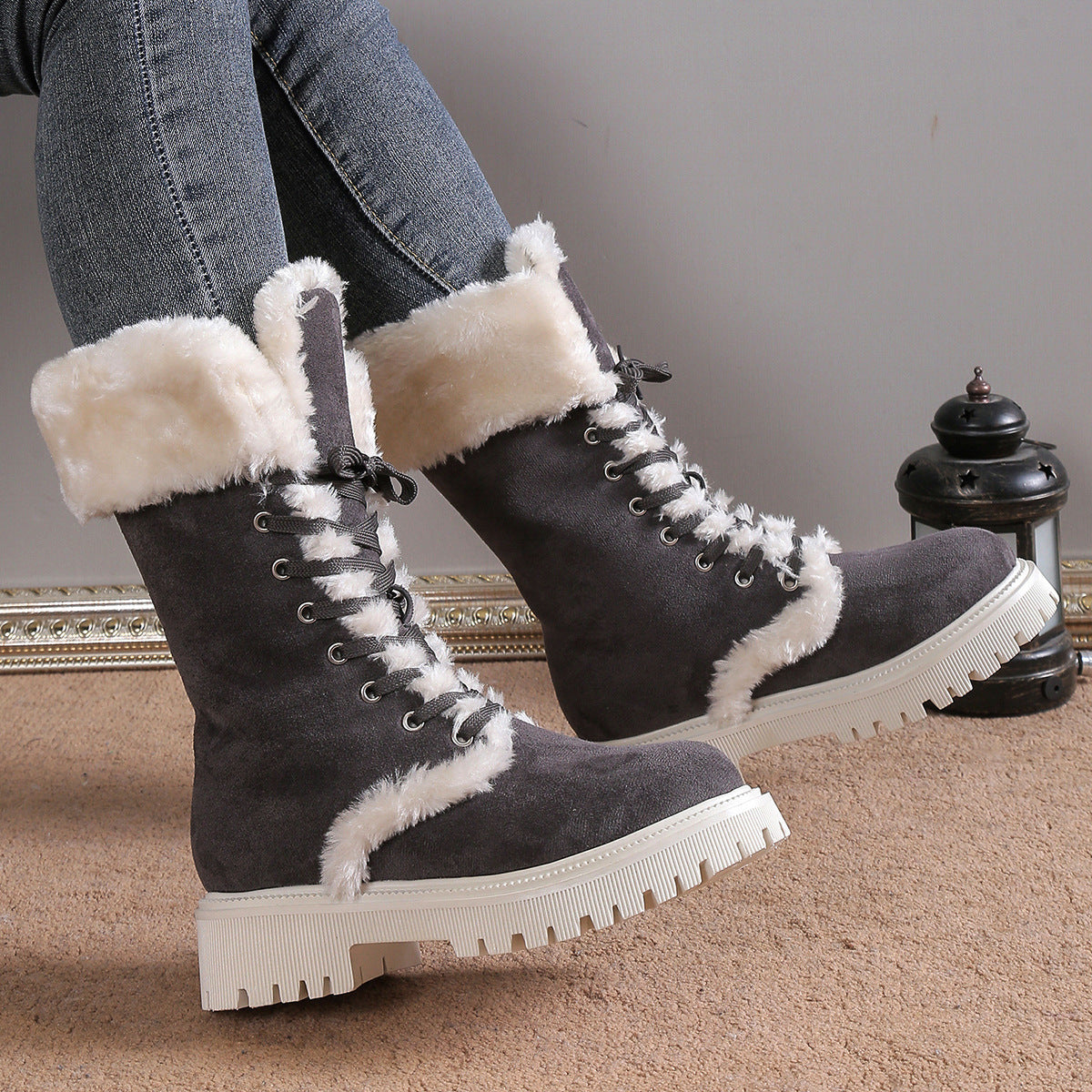 Botas de nieve con cordones de invierno para mujer, zapatos de lana de tubo medio, botas de felpa cálidas con tacones gruesos