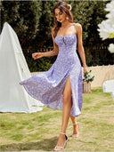 Purple Floral Spaghetti-Strap Slit Dress