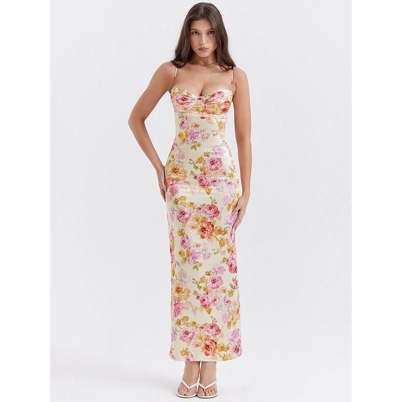 Vestido midi con estampado floral, tirantes finos y diseño sin espalda