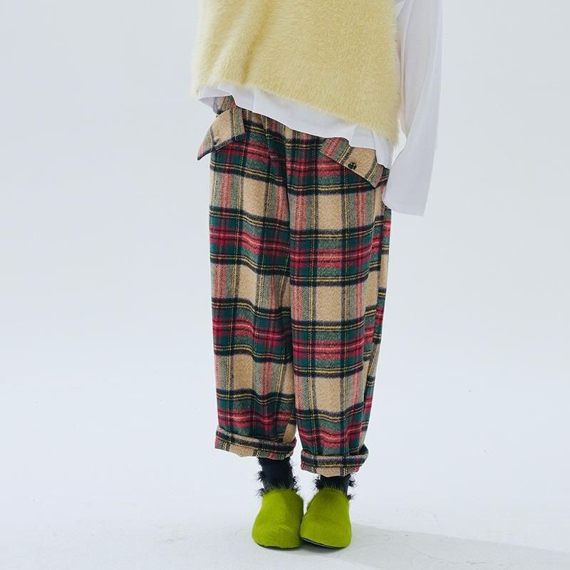 Plaid Wool-Blend Wide Leg Trousers for Women