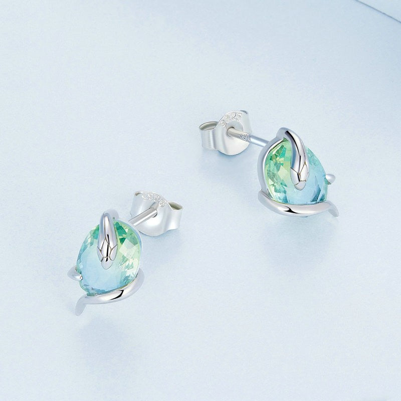 Platinum Plated Egg Face Gradual Glass Wrapped Snake Earrings - Dazpy