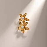 Pendientes de acero inoxidable con forma de flor en oro de 18 quilates con incrustaciones de perlas