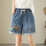 Haremsshorts aus Denim mit Blumenstickerei